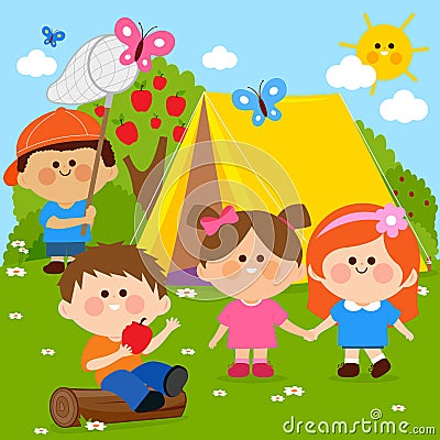 Happy children playing in a forest camping site. Vector illustration Vector Illustration