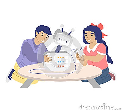 Happy children playing with robot toy, programming smart robot, flat vector illustration. Robotics school, class, club. Vector Illustration