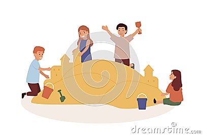 Happy children playing in sandbox flat vector illustration. Kids building sand castles. Preschooler friends cartoon Vector Illustration