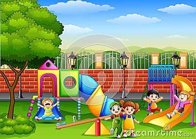 Happy children playing in the school playground Vector Illustration