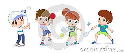 Happy children playing sport game, doing physical exercise. Training set. Active healthy childhood. Flat vector cartoon Cartoon Illustration
