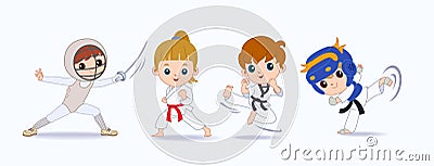 Happy children playing sport game, doing physical exercise. Training set. Active healthy childhood. Flat vector cartoon Cartoon Illustration