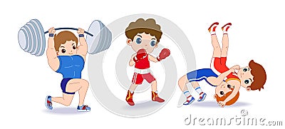 Happy children playing sport game, doing physical exercise. Training set. Active healthy childhood. Flat vector cartoon Cartoon Illustration