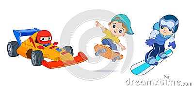 Happy children playing sport game, doing physical exercise. Training set. Active healthy childhood. Flat vector cartoon Cartoon Illustration