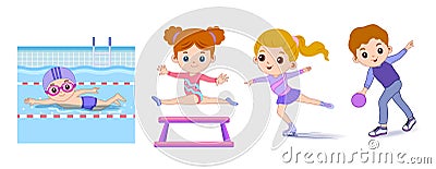 Happy children playing sport game, doing physical exercise. Training set. Active healthy childhood. Flat vector cartoon Cartoon Illustration