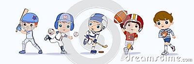 Happy children playing sport game, doing physical exercise. Training set. Active healthy childhood. Flat vector cartoon Cartoon Illustration