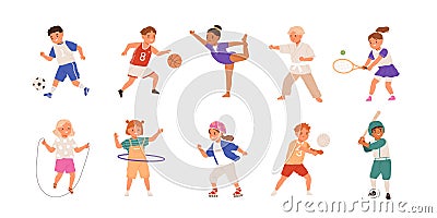 Happy children playing sport game, doing physical exercise. Training set. Football, baseball, tennis, karate. Active Vector Illustration