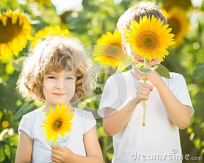 Happy children playing with sunflowers Stock Photo