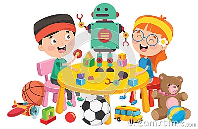 Happy Children Playing With Toys Vector Illustration