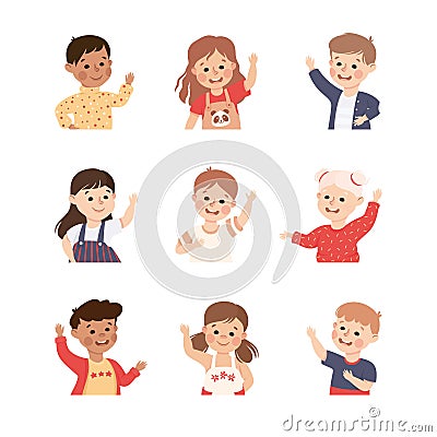 Happy Children with Raised Up Hands Smiling Vector Set Vector Illustration