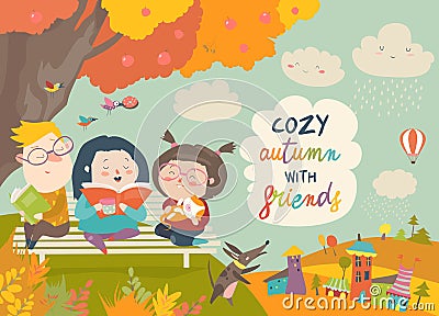 Happy children reading books in autumn park Vector Illustration