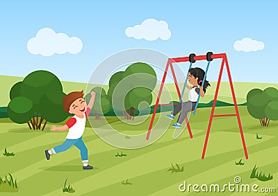 Happy children ride swing, active preschool kids play together in playground summer park Vector Illustration