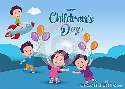 Happy children's day background greetings with kid flying rocket vector illustration design Vector Illustration
