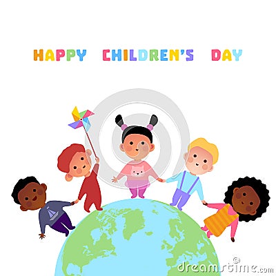 Happy children`s day. Children. Friendship. Globe. Childhood. Children`s rights holiday. Vector illustration Vector Illustration