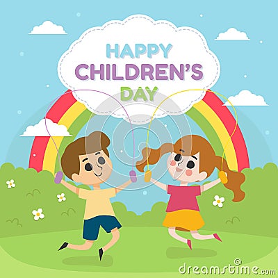 Happy children`s day illustration with children play in the park with rainbow vector Vector Illustration