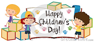 Happy children`s day with kids and blocks Vector Illustration