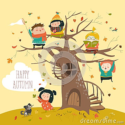 Happy children sitting on tree in autumn park Vector Illustration
