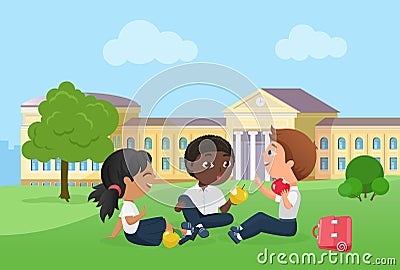 Happy children spend fun time together after school lessons, sitting on picnic on lawn Vector Illustration