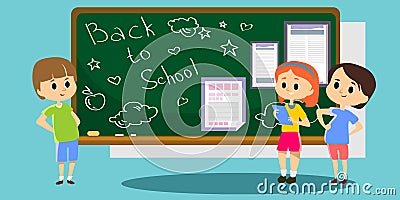 Happy children stand by the school newspaper hanging on the blackboard, kins with papers reading news, fun student Vector Illustration