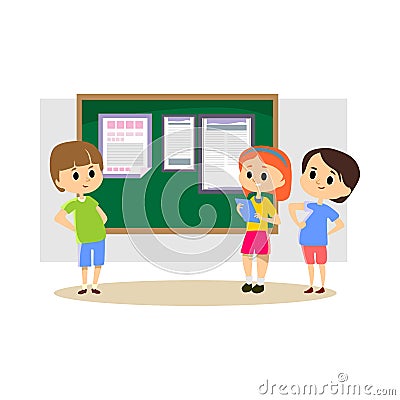 Happy children stand by the school newspaper hanging on the blackboard, kins with papers reading news, fun student Vector Illustration