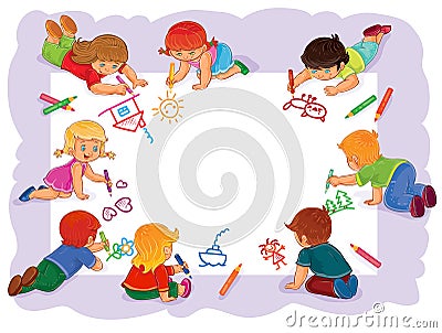 Happy children together draw on a large sheet of paper Cartoon Illustration