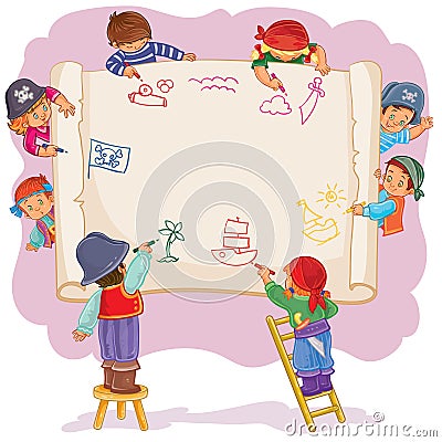 Happy children together draw on a large sheet of paper Vector Illustration