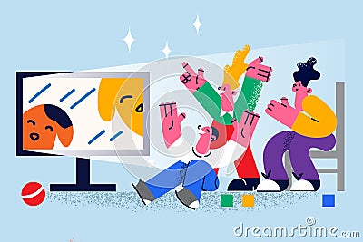 Happy children watch TV at home together Vector Illustration