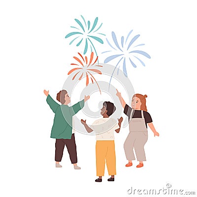 Happy children watching festive fireworks, celebrating holiday. Little kids looking at celebratory salute. Cheerful boys Vector Illustration