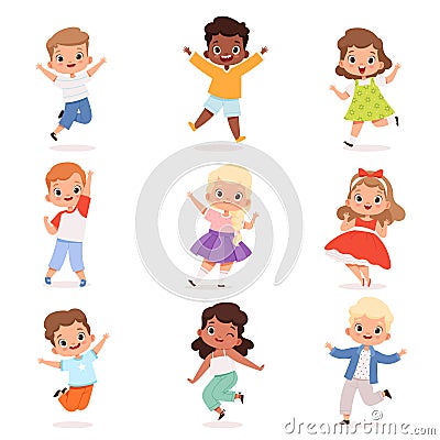 Happy childrens. Cute playing kids in action poses vector boys and girls Vector Illustration