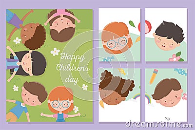 Happy childrens day, banners smiling boys and girls faces Vector Illustration