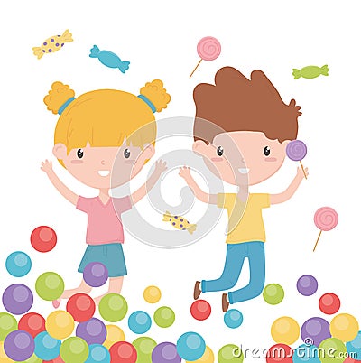 Happy childrens day, cheerful little boy and girl candies and colorful balls Vector Illustration