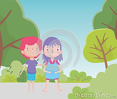 Happy childrens day cute little boy and girl in the road park trees Vector Illustration