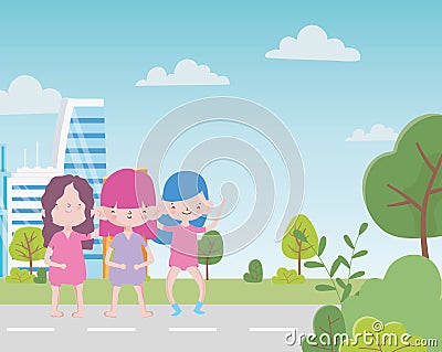 Happy childrens day funny group little girls in the city street Vector Illustration
