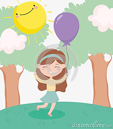 Happy childrens day, little girl with balloon celebration trees sun clouds grass cartoon Vector Illustration