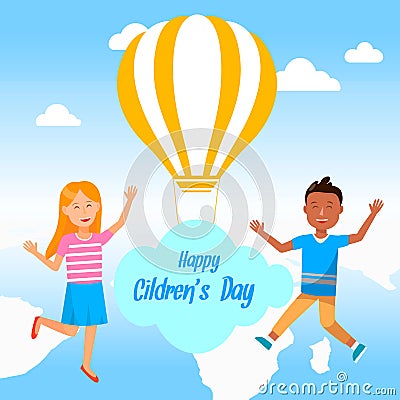 Happy Little Boy and Girl Fly on Blue Cloudy Sky. Vector Illustration