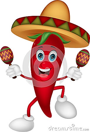 Happy chili pepper cartoon dancing with maracas Vector Illustration