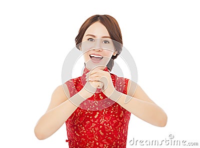 Happy chinese new year. asian woman with congratulation gesture Stock Photo