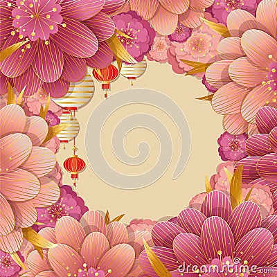 Happy Chinese new year background with flowers Vector Illustration