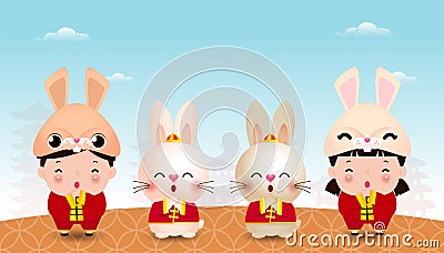 Happy Chinese new year 2023 banner template year of the rabbit zodiac with little kids and bunny greeting gong xi fa cai Vector Illustration