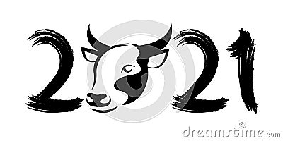 Happy Chinese New Year 2021. Black bull zodiac sign with number in grunge style isolated on white background. Vector illustration Vector Illustration