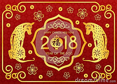 Happy Chinese new year 2018 card with Chinese word mean blessing in lanterns and twin Gold dog vector design Vector Illustration