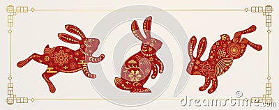 Happy Chinese New Year 2023 card. Cute jumping and sitting rabbit. Vector Illustration