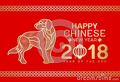 Happy Chinese new year 2018 card with Gold Dog line Stripe abstract on red background vector design Vector Illustration