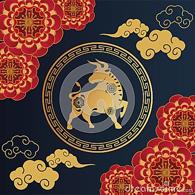 happy chinese new year card with golden ox and red laces Cartoon Illustration