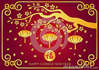 Happy Chinese new year card with lanterns Hang on branches in frame vector design Vector Illustration