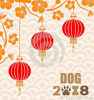 Happy Chinese new year 2018 card is lanterns Hang on branches Vector Illustration