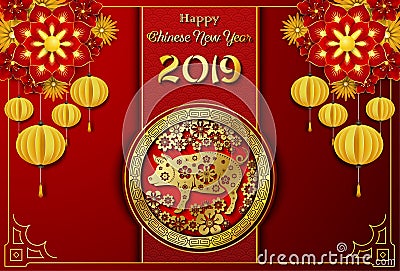 Happy Chinese New Year 2019 card. Year of the pig Vector Illustration