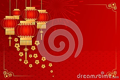 Happy Chinese new year card. Red background with traditional asian lanterns . Chinese mean Happy New Year, wealthy, Zodiac sign Stock Photo