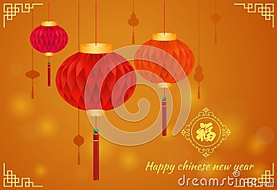 Happy Chinese new year card is Traditional Chinese Hanging Red Paper Lantern vector design Chinese word mean Happiness Vector Illustration