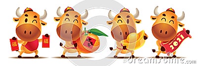 Happy Chinese New Year 2021. Cartoon cute Ox character set holding Red Packet, Tangerine Orange, Gold Ingot and Scroll couplet Vector Illustration